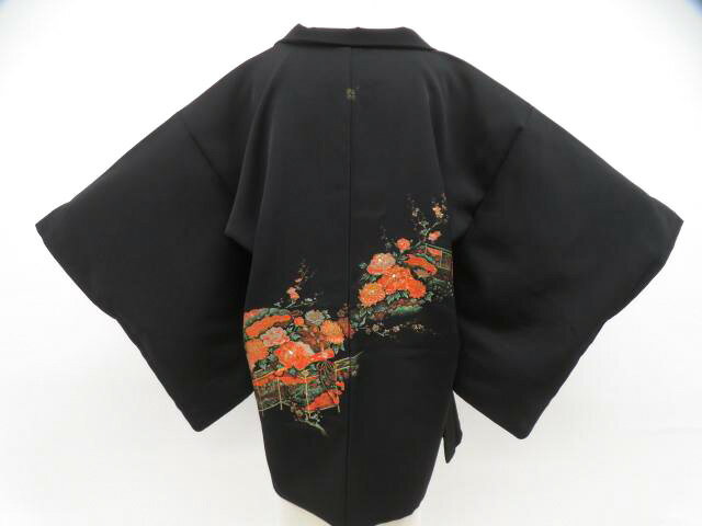 【中古】リサイクル着物 黒羽織 縫い紋 金糸 花 扇子 羽織紐付 正絹 着物 身丈約76cm 裄丈約64cm 26z01-46【リサイクル】 IDnet...