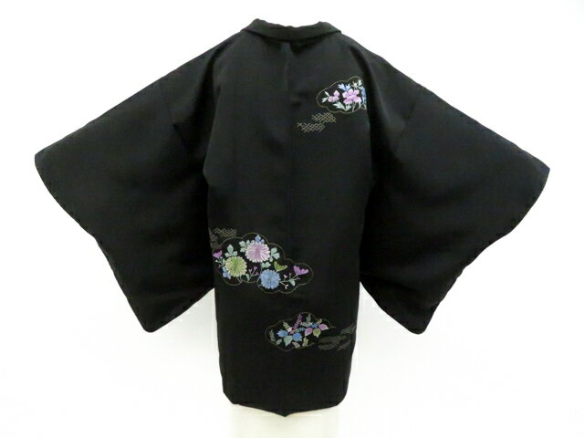 Haori - 【中古】リサイクル着物 黒羽織 雲取に花 羽織紐付 正絹 着物 身丈約77.5cm 裄丈63cm 26z01-286【リサイクル】 IDnet