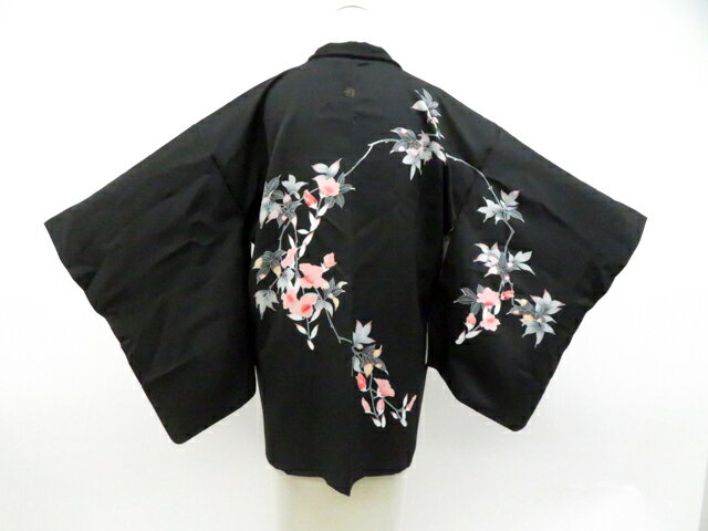 【中古】リサイクル着物 黒羽織 縫紋 枝花 羽織紐付 正絹 着物 美品 身丈約74cm 裄丈63.5cm 26z01-295【リサイクル】 IDnet...