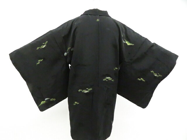 Haori - 【中古】リサイクル着物 黒羽織 縫紋 縫取 羽織紐付 正絹 着物 身丈約82cm 裄丈64cm 26z01-423【リサイクル】 IDnet