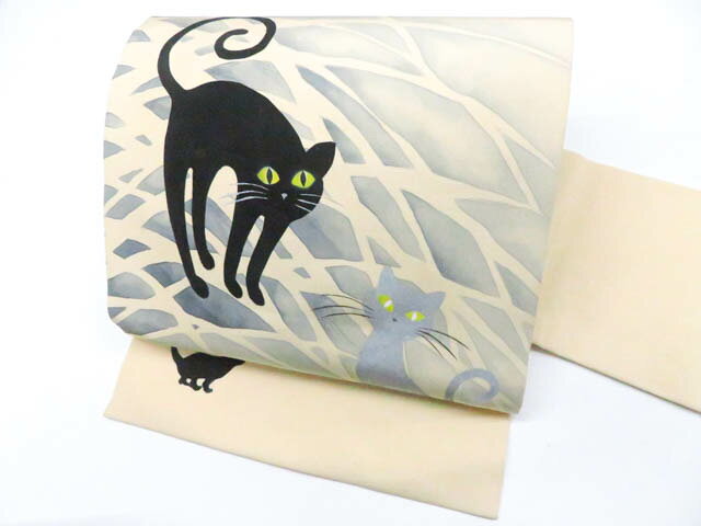 Nagoya Sash - 【中古】九寸名古屋帯 オリジナル 太鼓柄 猫 正絹 r8b01-4【リサイクル】 IDnet