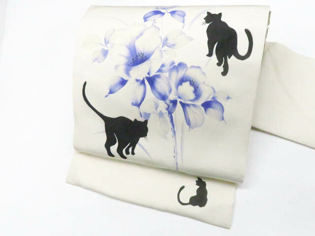 【中古】九寸名古屋帯 オリジナル 太鼓柄 作家物 ネコ 花 正絹 r8b01-9【リサイクル】 IDnet