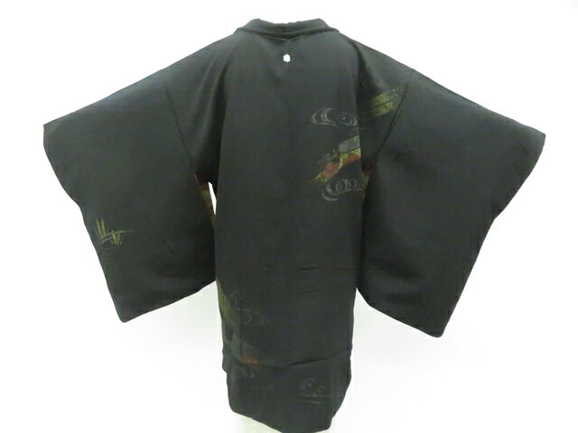 Haori - 【中古】リサイクル着物 黒羽織 一つ紋 金糸 流水に花 羽織紐付 正絹 着物 26z01-498【リサイクル】 IDnet