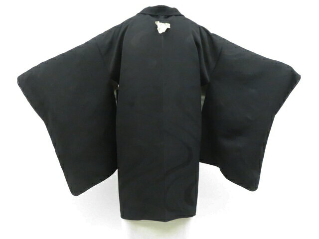 Haori - 【中古】リサイクル着物 黒羽織 一つ紋 反端付き 地紋入り 羽織紐別売り 正絹 着物 26z02-667【リサイクル】 IDnet