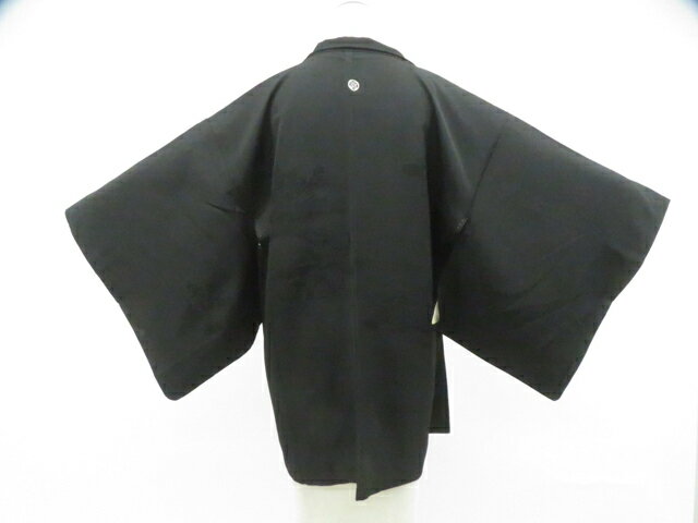 Haori - 【中古】リサイクル着物 黒羽織 一つ紋 地紋入り 羽織紐付 正絹 着物 身丈約79.5cm 裄丈約63.5cm 26z02-694【リサイクル】 IDnet