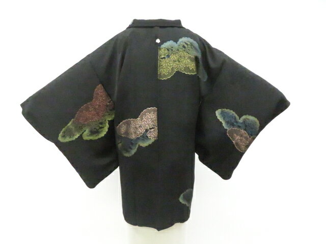 樂天商城 - 【中古】リサイクル着物 黒羽織 羽織 一つ紋 雲に笹 金糸 羽織紐別売り 正絹 着物 身丈約80cm 裄丈約63.5m 26z02-734【リサイクル】 IDnet