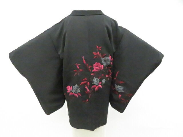 Haori - 【中古】リサイクル着物 黒羽織 羽織 刺繍 花 羽織紐付き 正絹 着物 身丈約79cm 裄丈約62m 26z02-737【リサイクル】 IDnet