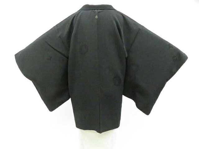 Haori - 【中古】リサイクル着物 黒羽織 羽織 縫い紋 地紋入 羽織紐付 正絹 着物 身丈約75.5cm 裄丈約63cm 26z02-782【リサイクル】 IDnet