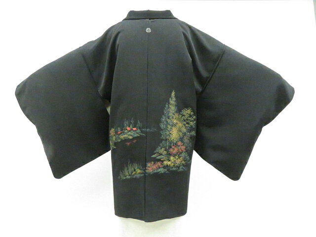 Haori - 【中古】リサイクル着物 黒羽織 羽織 縫い紋 風景 金糸 羽織紐別売 正絹 着物 身丈約78cm 裄丈約65.5cm 26z02-787【リサイクル】 IDnet