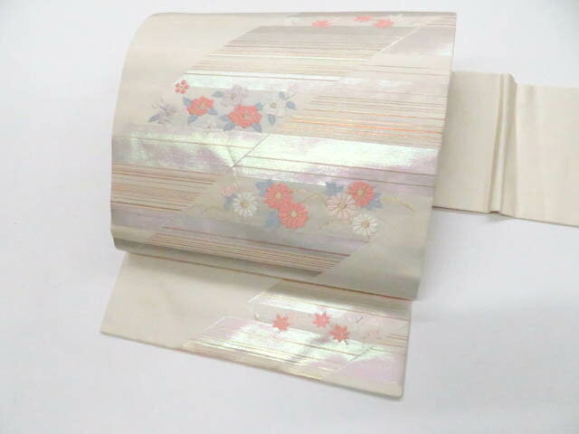 【中古】九寸名古屋帯 お太鼓柄 ラメ糸 金糸 花 正絹 26b02-161【リサイクル】 IDnet