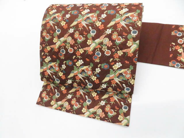【中古】九寸名古屋帯 六通柄 金糸 花鳥 正絹 26b02-163【リサイクル】 IDnet