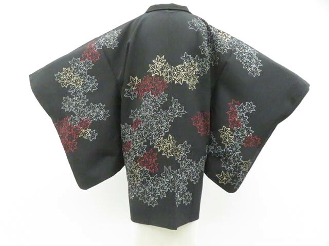 Haori - 【中古】リサイクル着物 黒羽織 昭和レトロ 金彩 紅葉 羽織紐付 正絹 着物 身丈約83.5cm 裄丈64.5cm 26z02-814【リサイクル】 IDnet