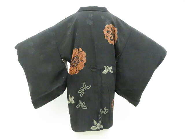 Haori - 【中古】リサイクル着物 黒羽織 アンティーク 花 羽織紐別売り 正絹 着物 身丈約82cm 裄丈62cm r8z02-15【リサイクル】 IDnet