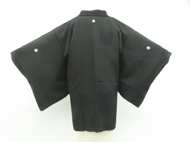 Haori - 【中古】リサイクル着物 黒羽織 三つ紋 地紋入り 羽織紐付 正絹 着物 身丈約78cm 裄丈63cm r8z02-19【リサイクル】 IDnet