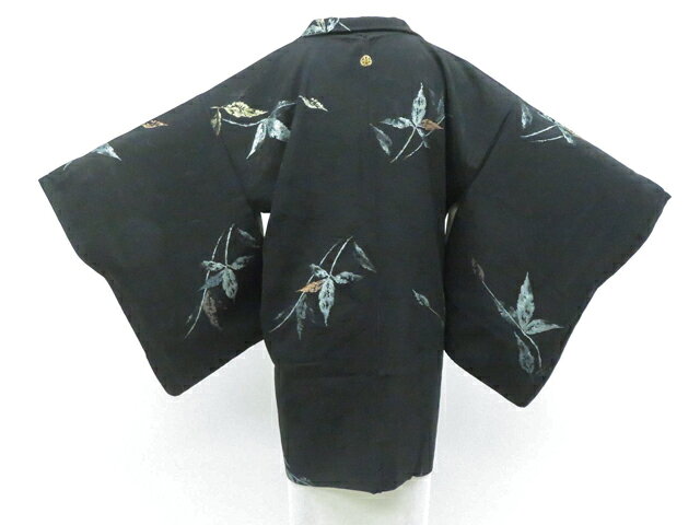和服短外套 - 【中古】リサイクル着物 黒羽織 一つ紋 葉 羽織紐付 正絹 着物 身丈約81.5cm 裄丈64.5cm 26z02-955【リサイクル】 IDnet