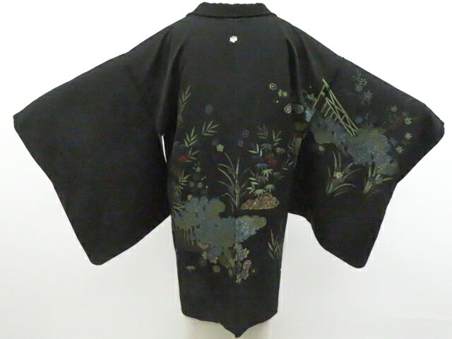 Haori - 【中古】リサイクル着物 黒羽織 一つ紋 縫取 金糸 羽織紐付 正絹 着物 身丈約82cm 裄丈65.5cm 26z03-1053【リサイクル】 IDnet