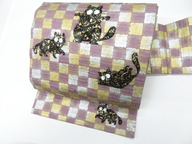 【中古】九寸名古屋帯 未使用 オリジナル お太鼓柄 金彩 猫 ネコ 正絹 美品 r8b03-22【リサイクル】 IDnet