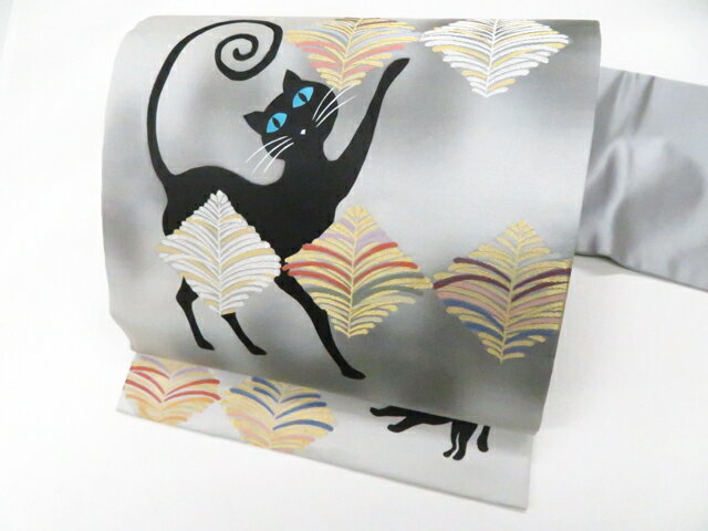 Nagoya Sash - 【中古】九寸名古屋帯 オリジナル お太鼓柄 暈し 金銀糸 猫 ネコ 正絹 美品 r8b03-33【リサイクル】 IDnet