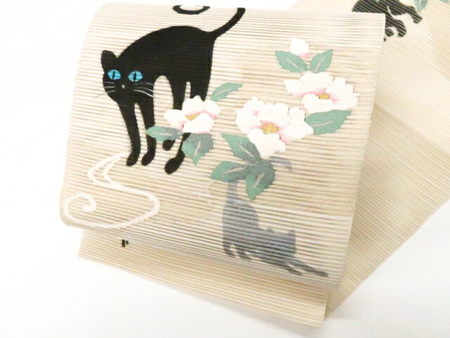 樂天商城 - 【中古】八寸名古屋帯 オリジナル お太鼓柄 夏物 夏 金糸 猫 ネコ 正絹 美品 r8b03-35【リサイクル】 IDnet