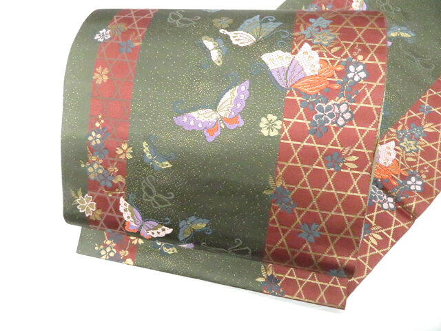 【中古】八寸名古屋帯 六通柄 金糸 蝶 正絹 26b03-243【リサイクル】 IDnet