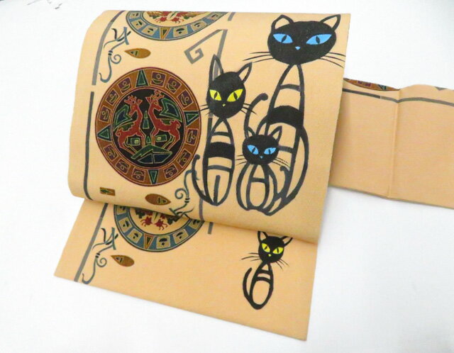 樂天商城 - 【中古】九寸名古屋帯 オリジナル 全通 猫にオリエンタル ちりめん r8b03-58【リサイクル】 IDnet