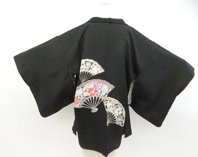 Haori - 【中古】リサイクル着物 羽織 黒羽織 扇子に花 羽織紐付 着物 正絹 身丈約81.0cm 裄丈約64.0cm 26z04-2114【リサイクル】 IDnet