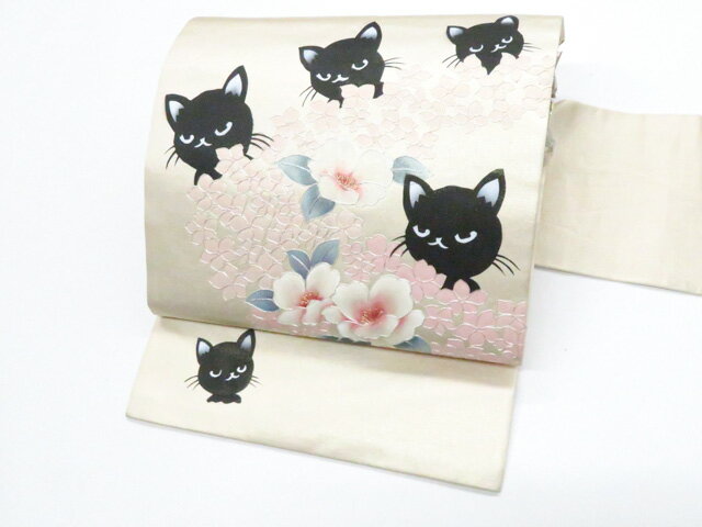 樂天商城 - 【中古】九寸名古屋帯 オリジナル お太鼓柄 ネコ 猫 花 銀糸 正絹 r8b04-97【リサイクル】 IDnet