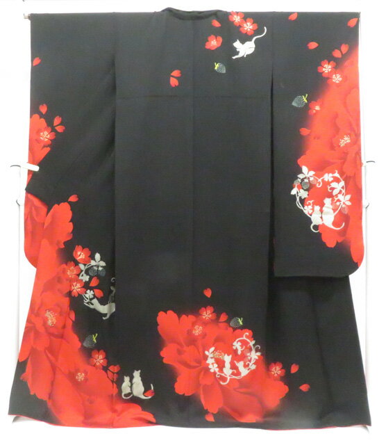 樂天商城 - 【中古】リサイクル着物 振袖 オリジナル 猫 ネコ 苺 花 金彩 正絹 着物 美品 身丈約171.5cm 裄丈約67.5cm r8z04-112【リサイクル】 IDnet