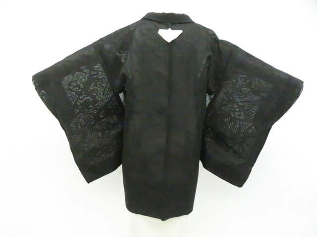 Haori - 【中古】リサイクル着物 黒羽織 夏物 夏 一つ紋 地紋入り 仕付け付く 羽織紐付 未使用品正絹 着物 美品 身丈約77.5cm 裄丈約62cm 26z04-2182【リサイクル】 IDnet