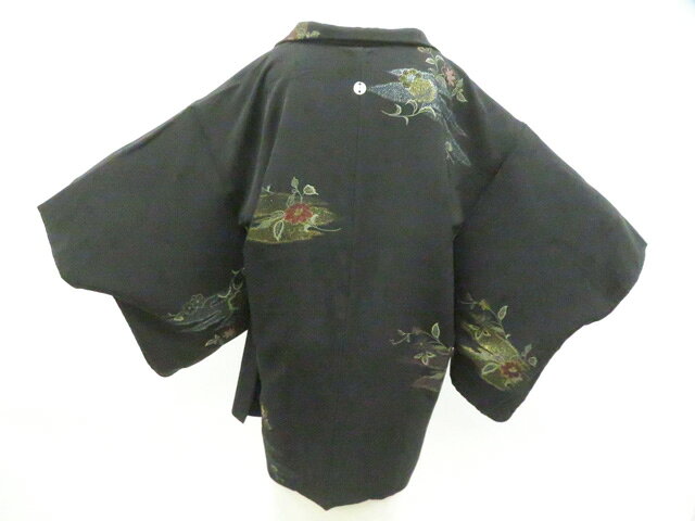 Haori - 【中古】リサイクル着物 黒羽織 羽織 一つ紋 金糸 花 羽織紐付 着物 正絹 美品 身丈約78cm 裄丈約64cm 26z05-2389【リサイクル】 IDnet