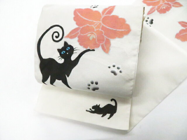 樂天商城 - 【中古】八寸名古屋帯 オリジナル 夏物 夏 お太鼓柄 猫 花 芯なし 正絹 r8b06-116【リサイクル】 IDnet