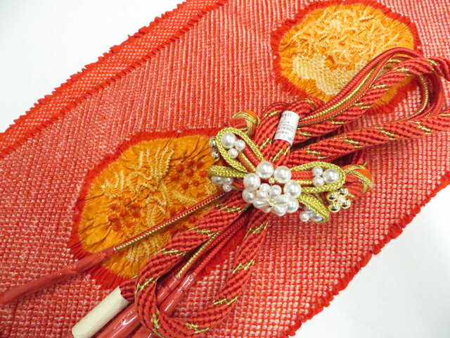 樂天商城 - 【中古】和装小物 帯揚げ帯締めセット 帯揚 帯締 未使用 振袖用 翠嵐工房 総絞り 丸組 金糸 飾り付 美品 r8w06-528【リサイクル】 IDnet