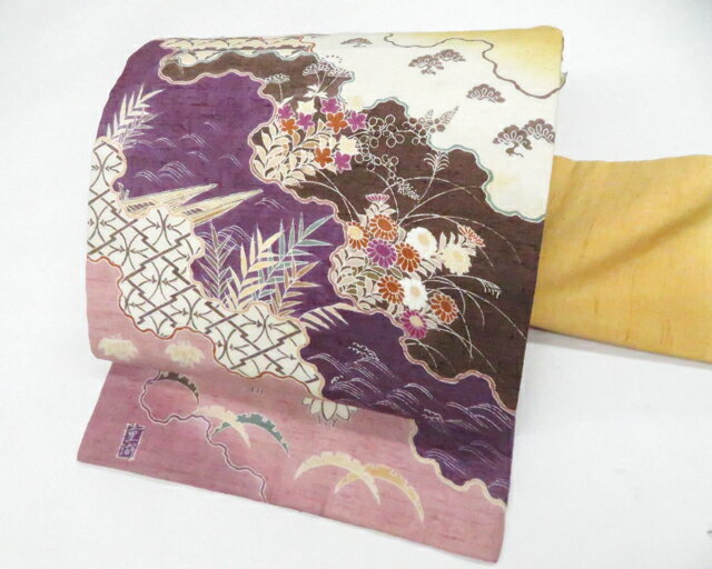 樂天商城 - 【中古】九寸名古屋帯 六通柄 紬地 落款入り 正絹 26b06-500【リサイクル】 IDnet