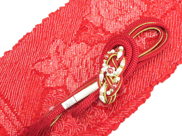 樂天商城 - 【中古】和装小物 帯締め帯揚げセット 振袖用 丸組 撚房 金糸 飾り付 パール 総絞り 未使用品 美品 r8w06-600【リサイクル】 IDnet