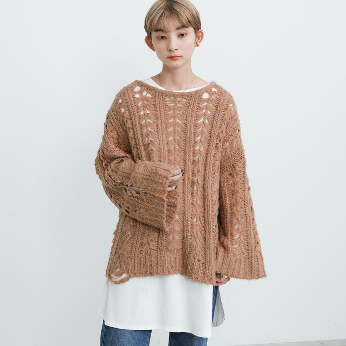 【SELECT MOCA】透かし編みダメージデザインメランジニット / レディース 秋 オーバーサイズ ルーズシ..