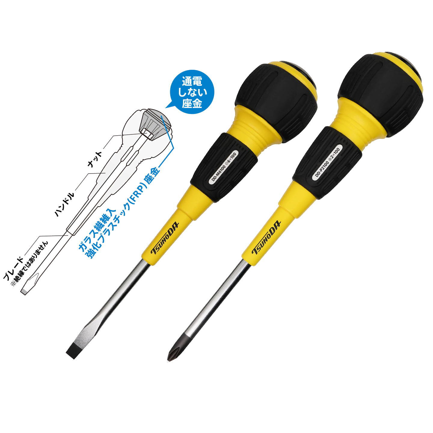 ツノダ ハンドル絶縁貫通ドライバー (+2×100 DD-P2100) (-6×100 DD-M6100)
