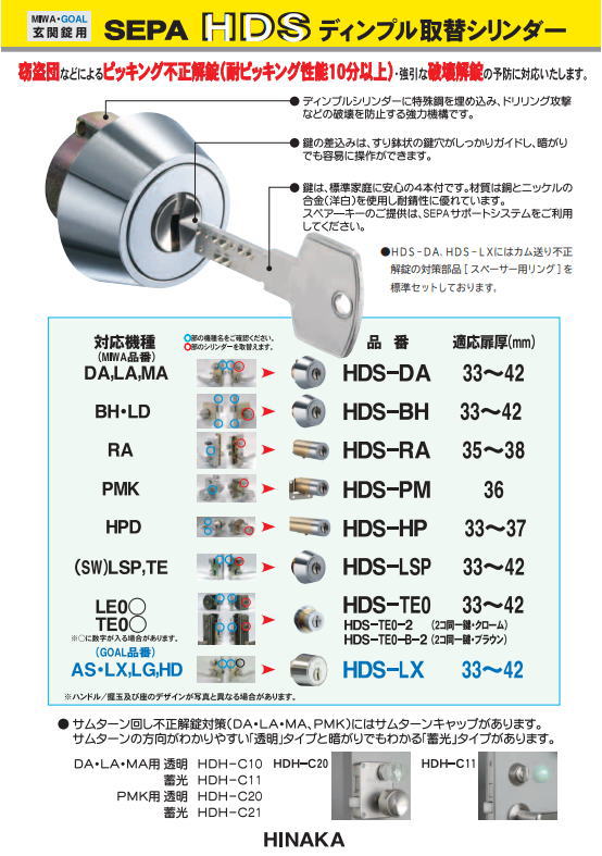 SEPA HDS-DA セパ ディンプルキー4本付 日中製作所 MIWA美和LAMA/DA交換用シリンダー HDSDA 2