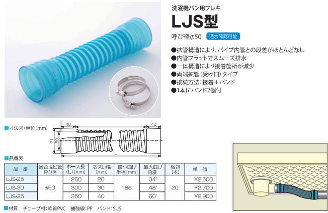 ユーシー産業 LJS-35 エバフレキ 洗濯機パン用フレキ 呼びφ50×350mm EVUC(エバック)