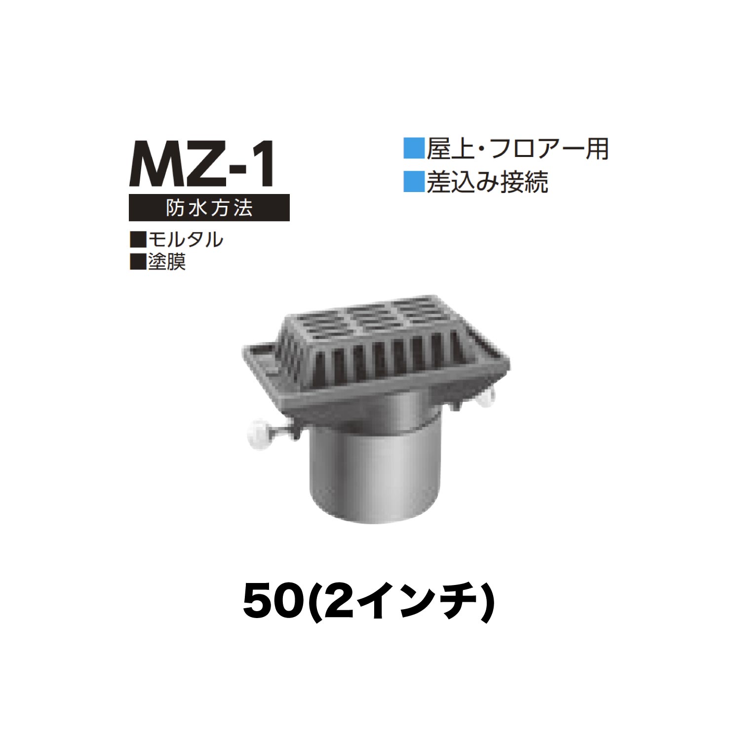 Rakuten - ニムラ ルーフドレイン MZ-1　50(2インチ) 外廊下排水細溝用 先付け(打込み式) 差込み接続 屋上・フロアー用 モルタル・塗膜