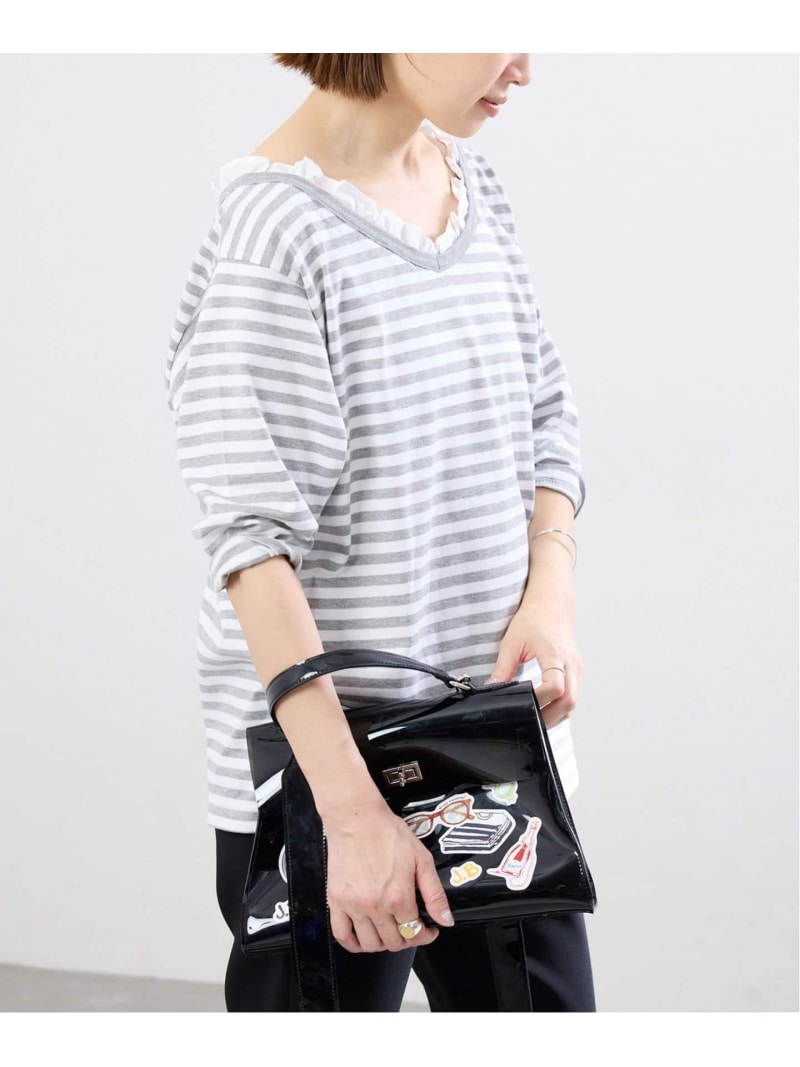BLACK フリル付きボーダーカットソー IENA イエナ トップス カットソー・Tシャツ ブラウン グレー