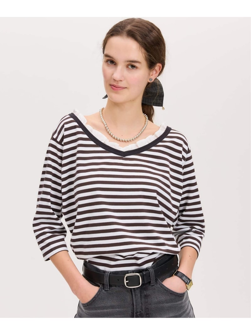 樂天商城 - 《予約》BLACK フリル付きボーダーカットソー IENA イエナ トップス カットソー・Tシャツ ブラウン グレー【先行予約】*【送料無料】[Rakuten Fashion]