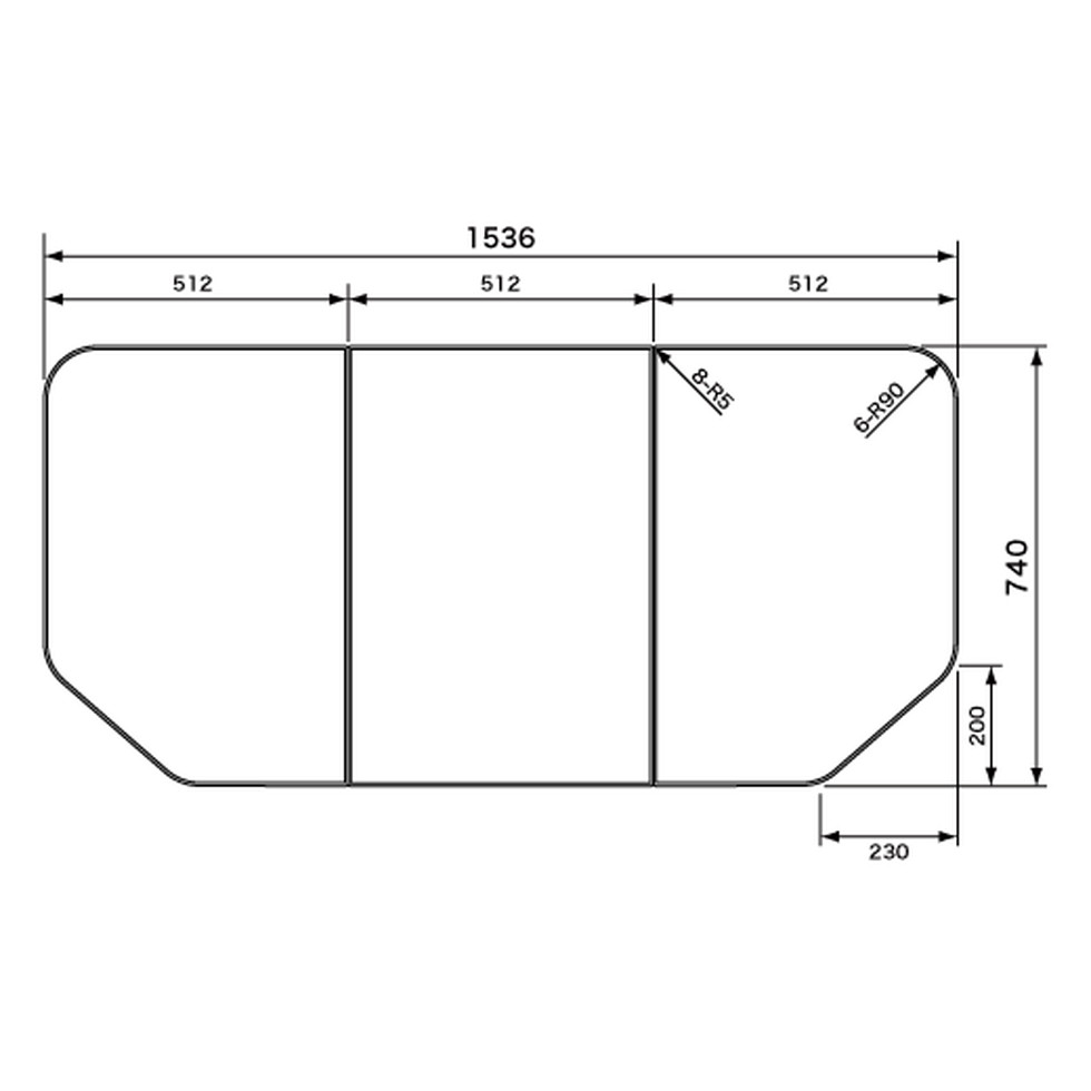 幅×奥行き 1536×740mm 重量 3.1kg 本体厚み 14.0mm（エッジ厚み17.0mm） 本体材質・本体色 PP+ウレタン複合板ホワイト 浴室・浴槽サイズ 1616/1618/1621（1600アーチ/エスライン/リクライン浴槽・標準）