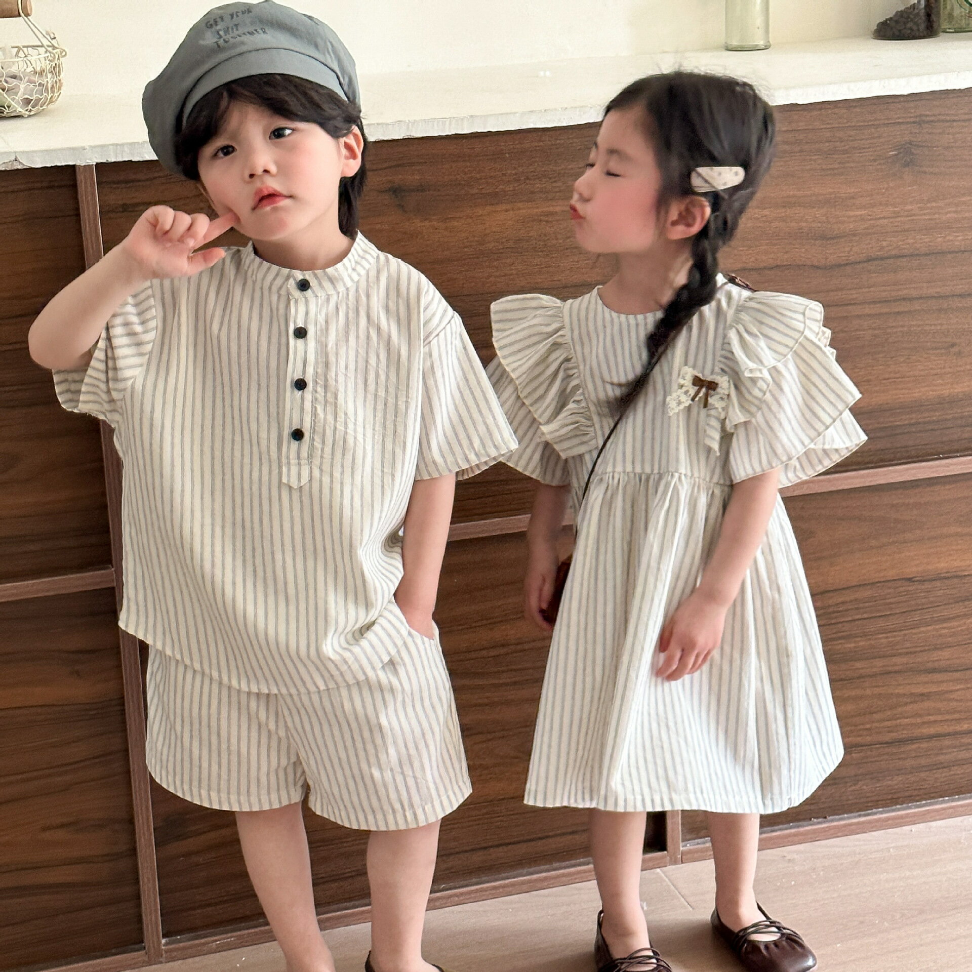 【いつでもお得！全品無条件8%OFFクーポン】 双子 キッズ ベビー服 上下セット 出産祝い 双子 双子コーデ 双生児 ふたご 三つ子 女の子 ワンピース 男の子 ロンパース セットアップ ズボン トップス 子供服 赤ちゃん ストライプ柄 姉妹