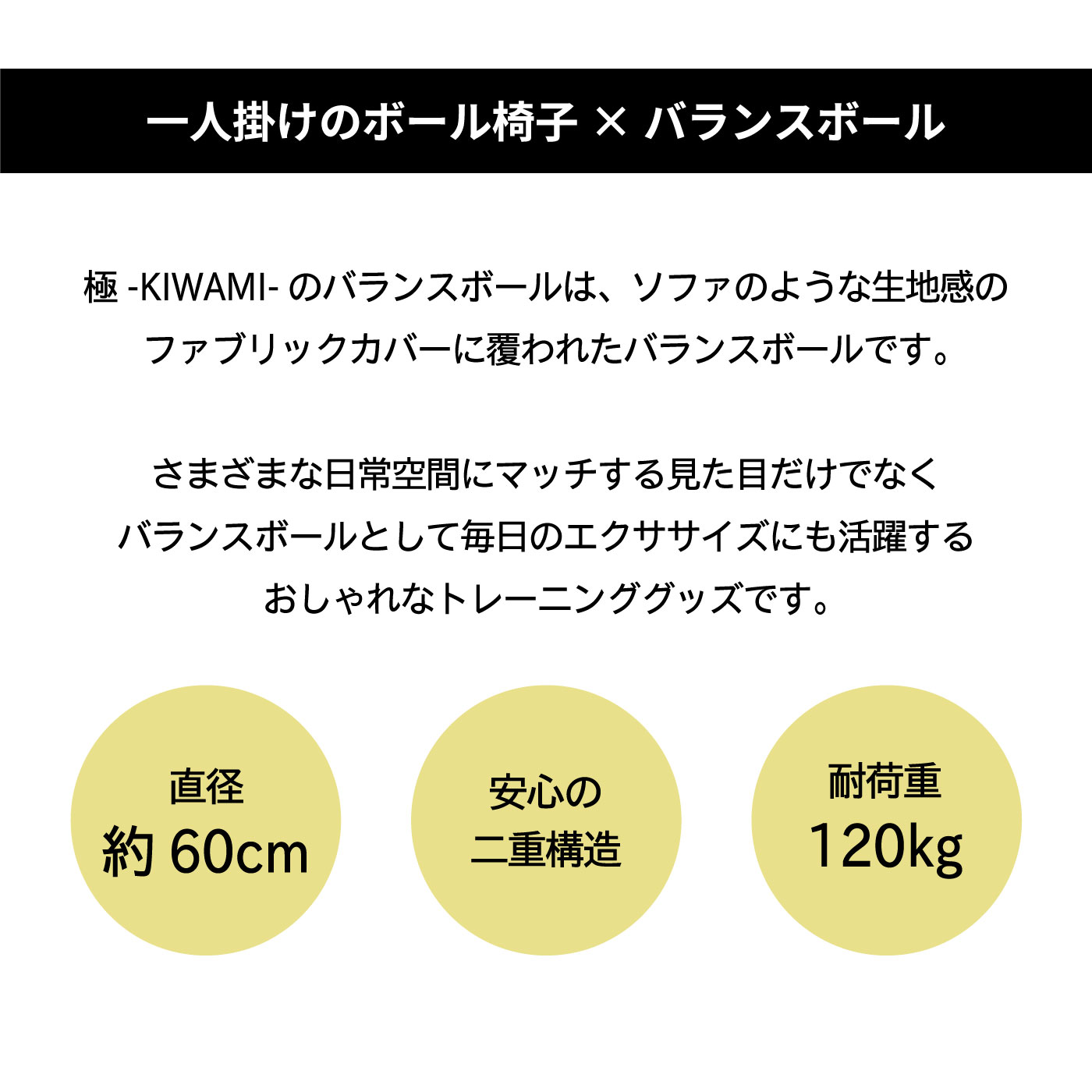 バランスボール エクササイズボール 60cm ヨガボール ファブリックカバー付き カバー付き 体幹トレーニング 骨盤エクササイズ トレーニング ダイエット ストレッチ バランス インナーマッスル 椅子 送料無料 極-KIWAMI-