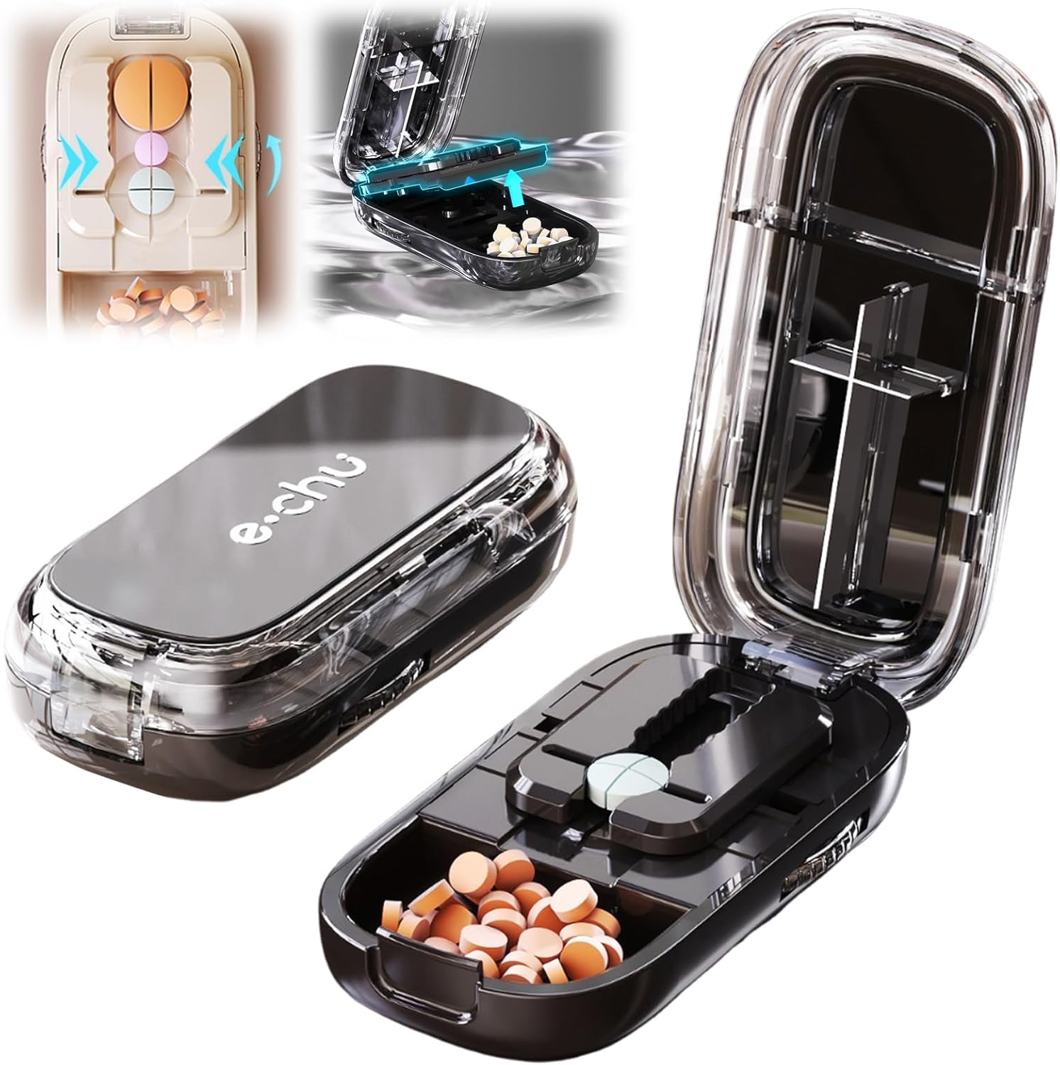 ピルカッター 2分割 4分割 複数錠剤対応 錠剤カッター コンパクト 薬カッター ピルケース機能付き 軽量 携帯便利 おしゃれ 高耐久ABS素材