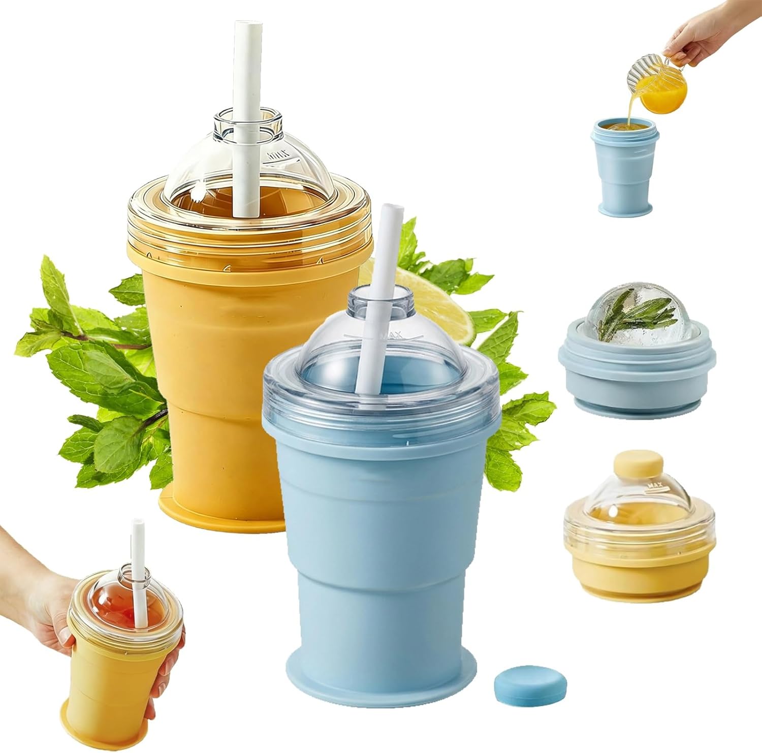 Rakuten - 製氷皿 シリコン 製氷 家庭用 容器 製氷機 折りたたみタンブラー 2 in 1 折りたたみ式シリコンアイスボールメーカーカップ、ストローと蓋付き再利用可能なアイスボール型、漏れ防止ポータブルトラベルタンブラー、コーヒー、ジュース、ジム、アウトドア用 母の日 ギフト