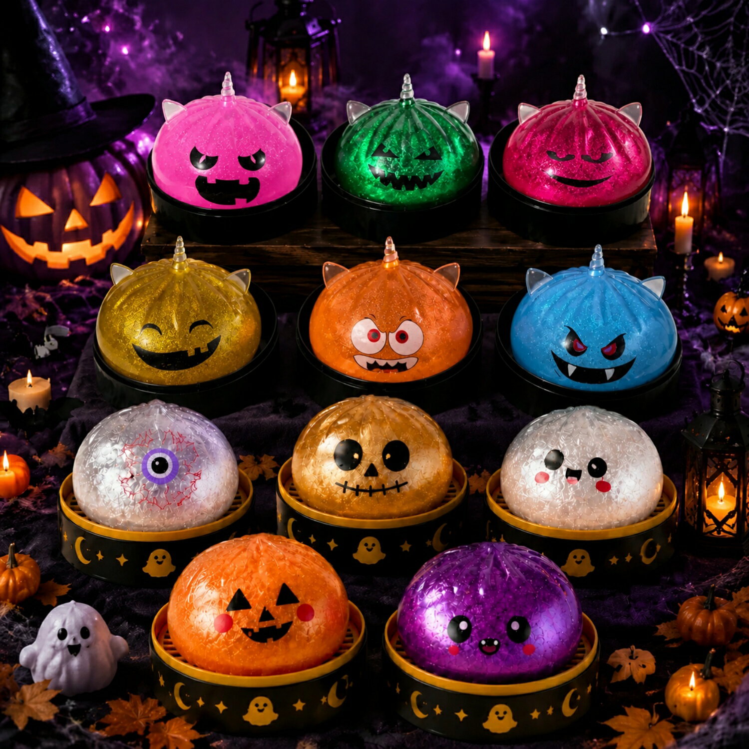 ハロウィン限定 肉まん スクイーズ 餃子型 スクイーズおもちゃ もちもち ぷにぷに 低反発 蒸し器付き ストレス解消 キラキラ 大人 子供 幽霊 ハロウィン プレゼント ギフト リラックス フィジェット ifull-10000629 IFULL パッケージ画像