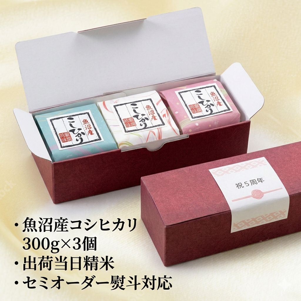 Rakuten - 令和7年産 最高級 新潟県 魚沼産 コシヒカリ ギフトセット 300g × 3P セミオーダー 熨斗 出荷日精米 プチギフト 新鮮 真空 食べきり 計量不要 内祝い 挨拶 景品 記念品 周年 イベント コンペ 粗品 ノベルティ ばら撒き 気軽 カジュアル 御返し 手土産 福利厚生 送料無料