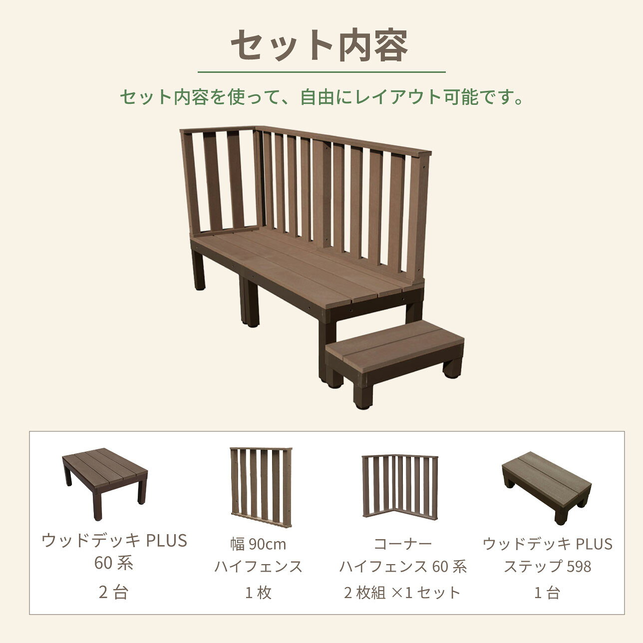 【マラソン中ポイント5倍】人工木 ウッドデッキ PLUS 60系 6点セット ダークブラウ...