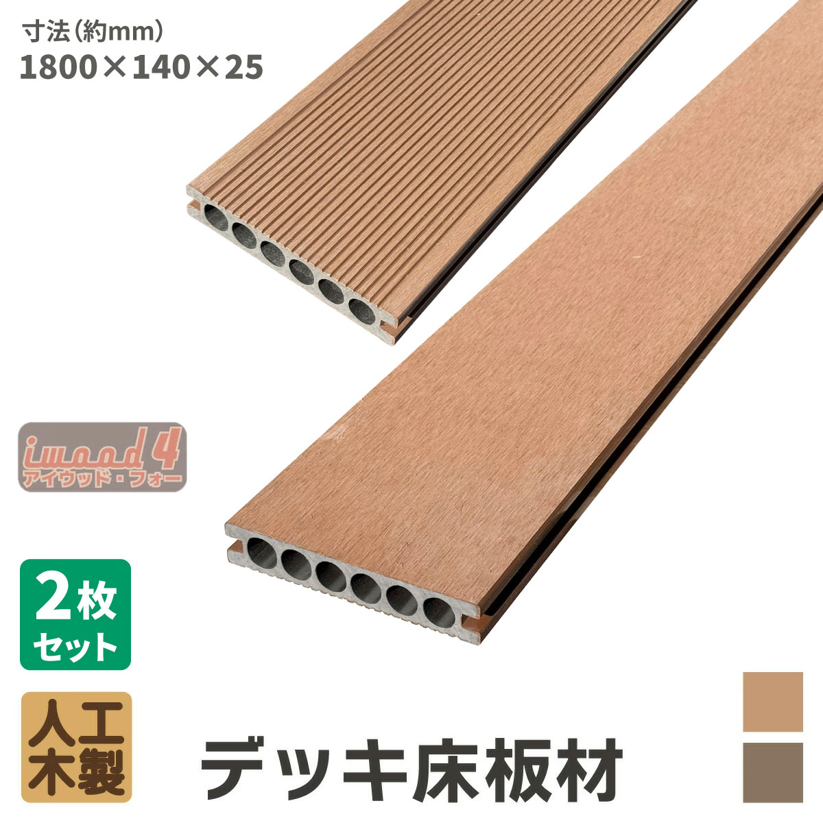 乐天商城 - 【マラソン中ポイント5倍】ウッドデッキ 床材 180cm ナチュラル 2枚セット アイウッドフォー 人工木 板材 樹脂製 色あせない 腐らない シロアリ防止 メンテナンス楽 すべらない 床面ザラザラ加工 リアルな木質感